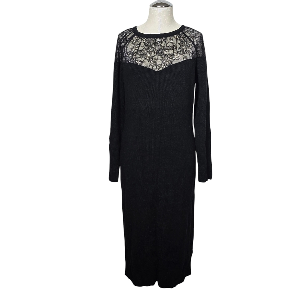 Express Black Floral Lace Ribbed Long Sleeves Crewneck Sweater Dress L